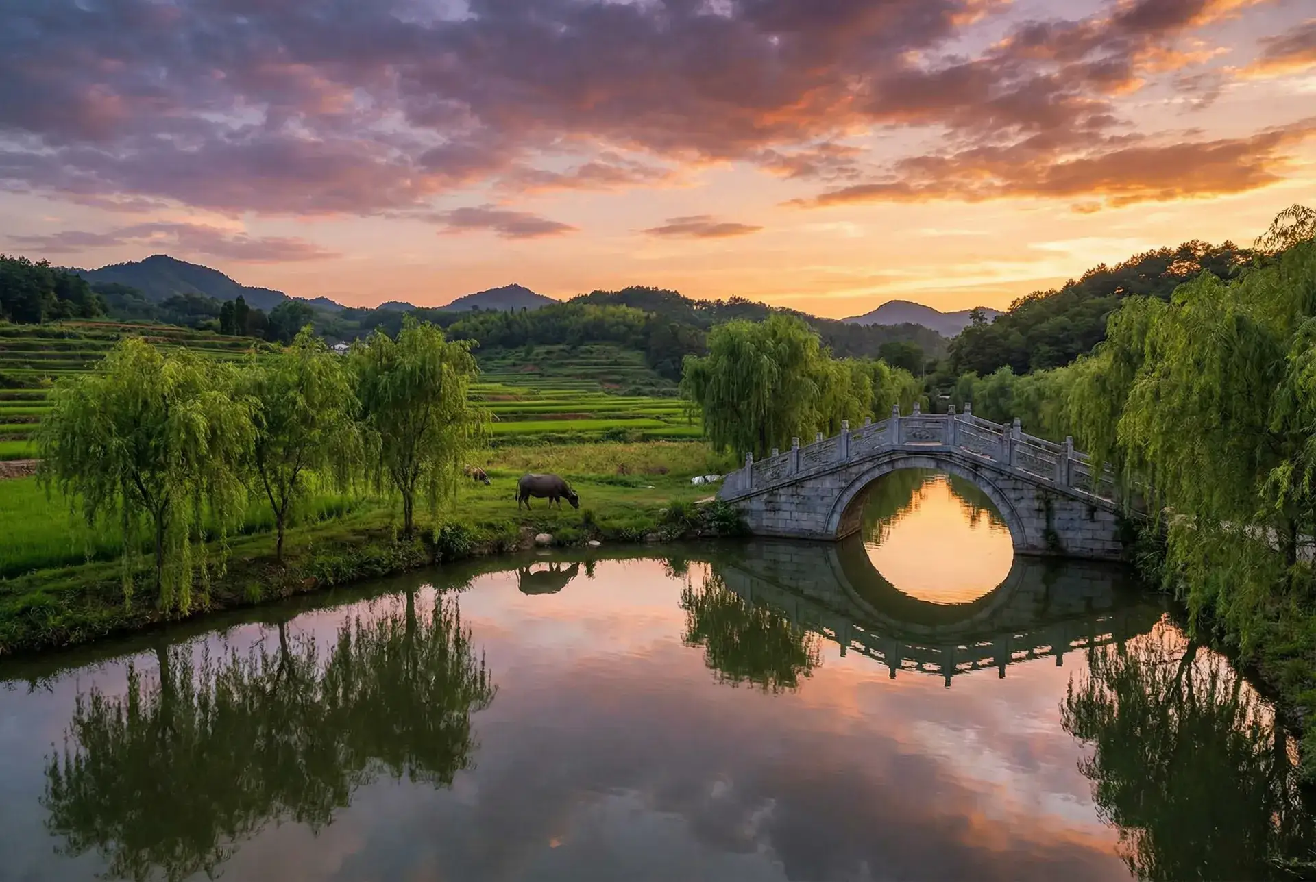 夕阳下的石拱桥与垂柳，水牛在河边吃草 - 亲爱的老师4完整版在线看 乡村美景